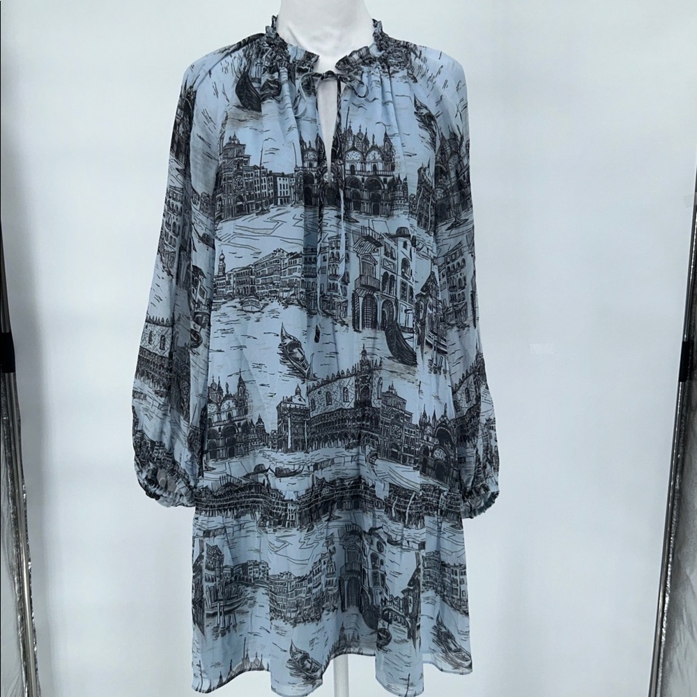 Derek Lam - Pale Blue & Black Toile Print Chiffon Dress Sz 8 - Picture 3 of 10